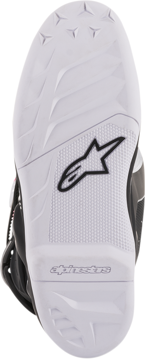 Alpinestars Stella Tech 3 women's motorcycle boots in black, white, and pink with US size 8 display, showcasing durable riding footwear.