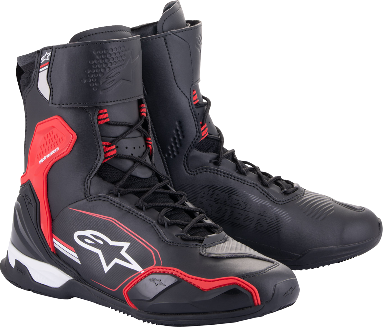 Alpinestars Superfaster Shoe in black, red, and white, US size 10.5, showcasing sporty design and durable materials.