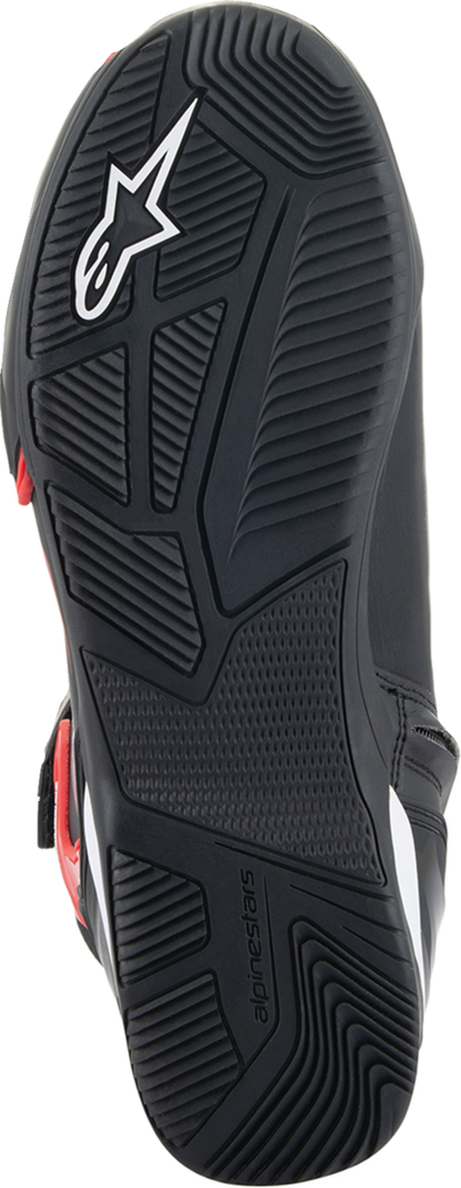 Alpinestars Superfaster motorcycle shoe in black, red, and white with US 10.5 size, showcasing its sporty design and sturdy construction.