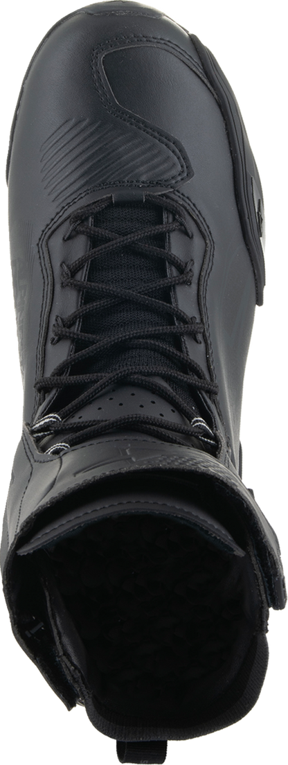 Alpinestars Superfaster Shoe in black, US size 9, featuring sleek design and durable construction for motorcycle riding.