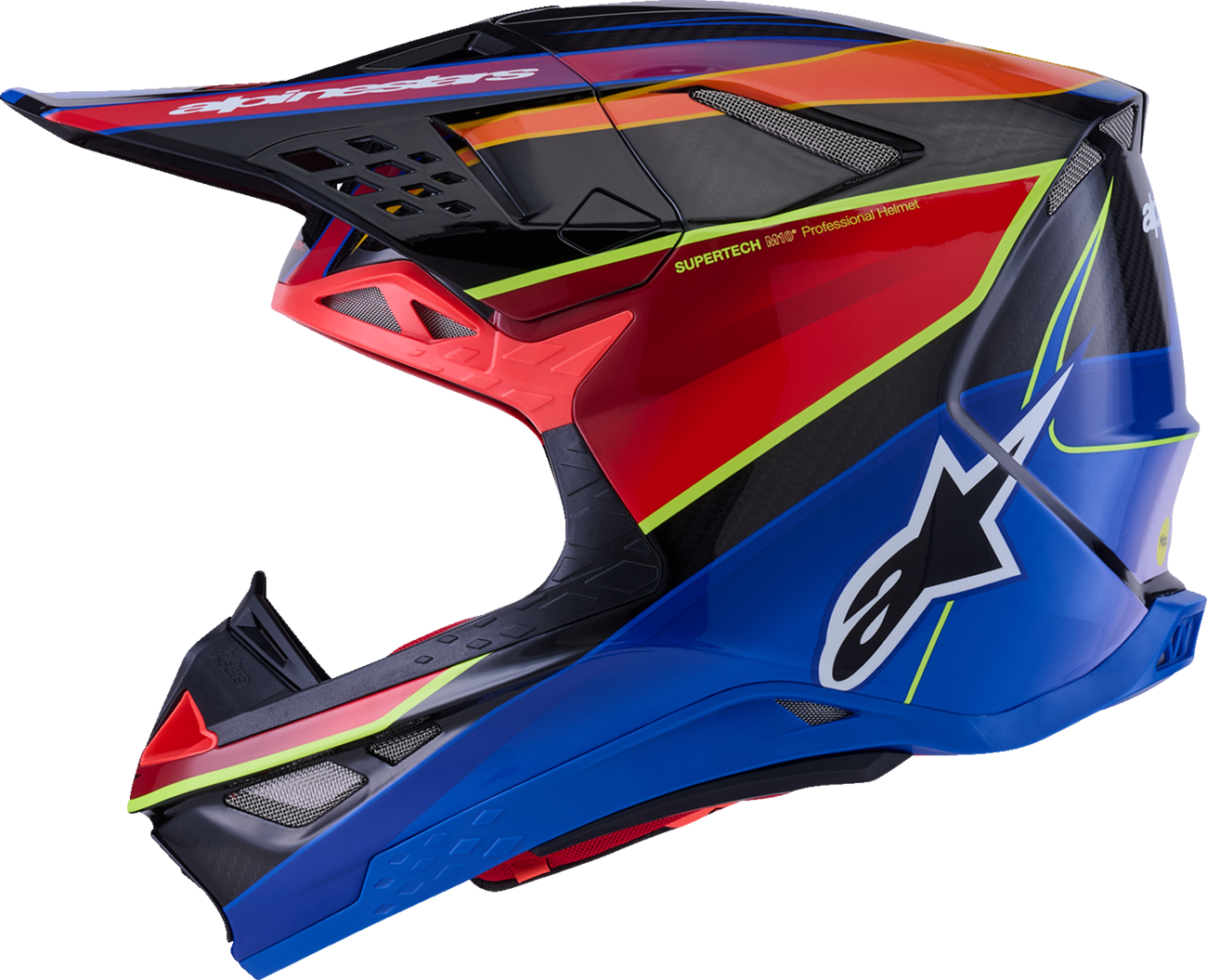 Alpinestars Supertech M10 helmet with MIPS® Era in gloss blue, red, and yellow fluo, size XS, featuring aerodynamic design and ventilation