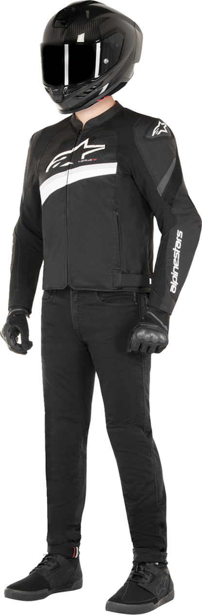 Alpinestars T-GP Plus R v4 Airflow motorcycle jacket in black and white, 3XL, with protective armor and ventilation features.