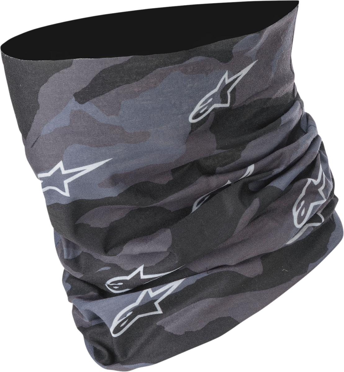 Alpinestars tactical neck tube in black and tar gray, made of stretchy fabric for neck protection and comfort.