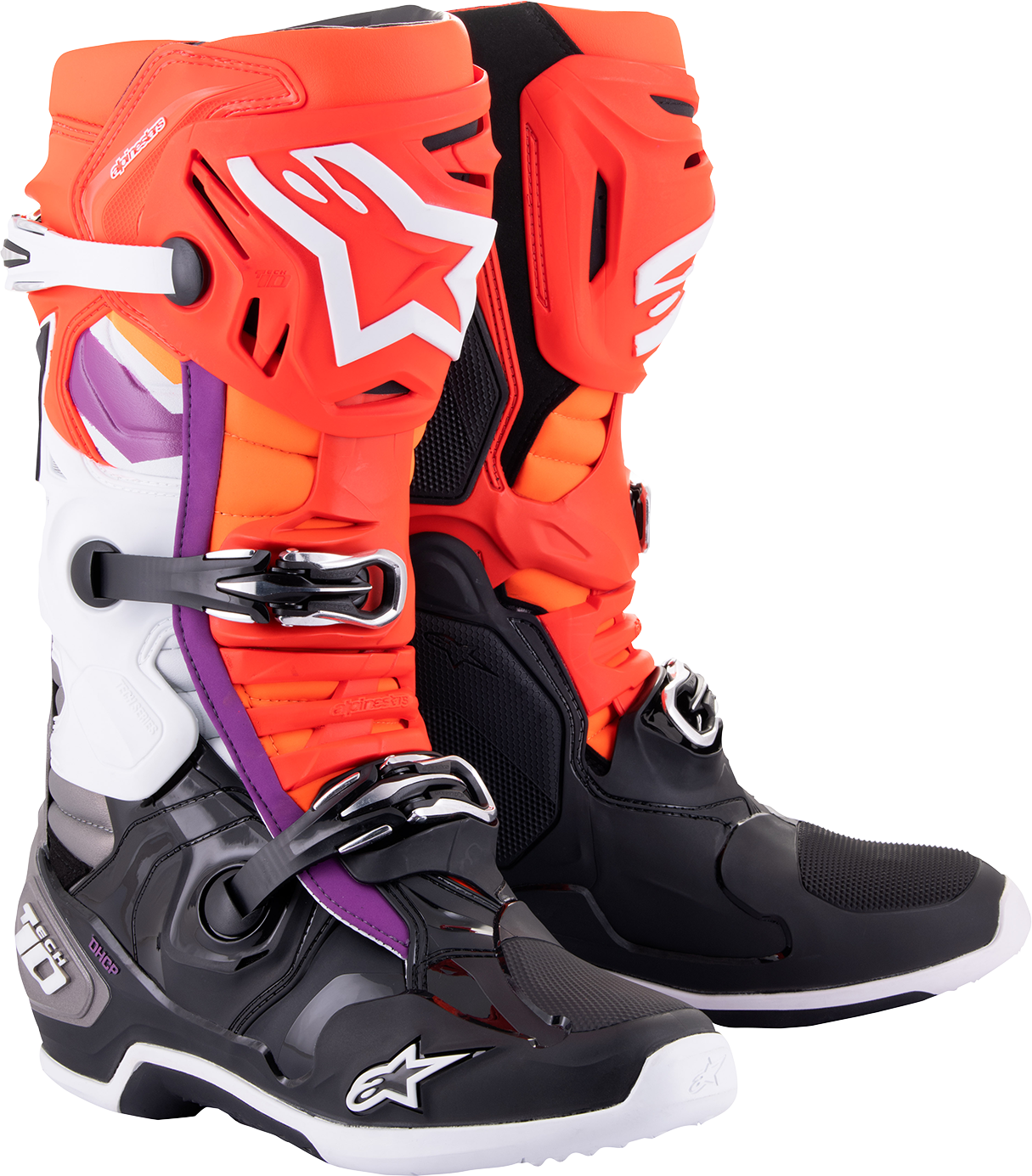 Alpinestars Tech 10 motorcycle boots in black, red, orange, and white, showing details and color accents for US 7 / EU 40.5.
