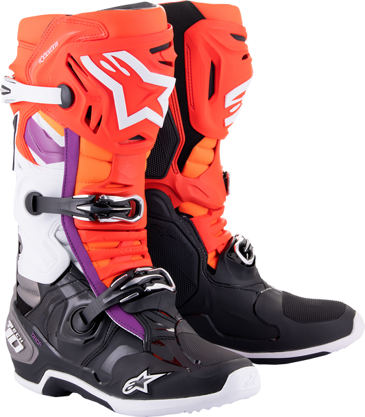Alpinestars Tech 10 motorcycle boots in black, red, orange, and white, showing details and color accents for US 7 / EU 40.5.