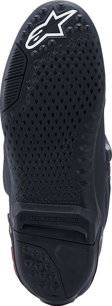 Alpinestars Tech 10 motorcycle boots in black and red with advanced flexion and impact protection, US size 8 / EU 42.