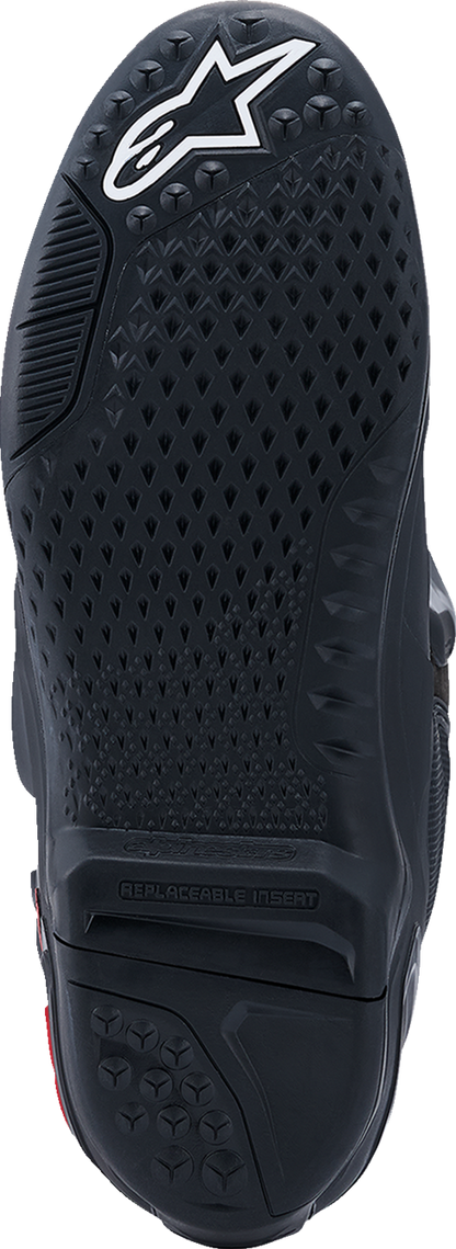 Alpinestars Tech 10 motorcycle boots in black and red with advanced flexion and impact protection, US size 8 / EU 42.