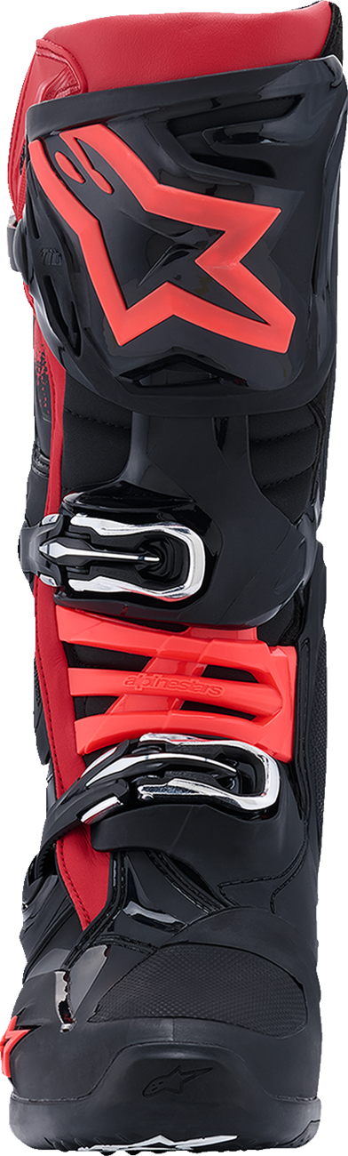 Alpinestars Tech 10 motorcycle boots in black and red with advanced flexion and impact protection, US size 8, EU 42.