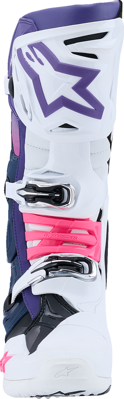 Alpinestars Tech 10 motorcycle boots in white, violet, navy, and pink fluorescent with US size 11 and EU 45.5, detailed design visible.