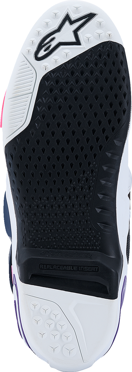 ALPINESTARS Tech 10 motorcycle boots in white, violet, navy, and pink fluorescent with US 11 size and protective design.