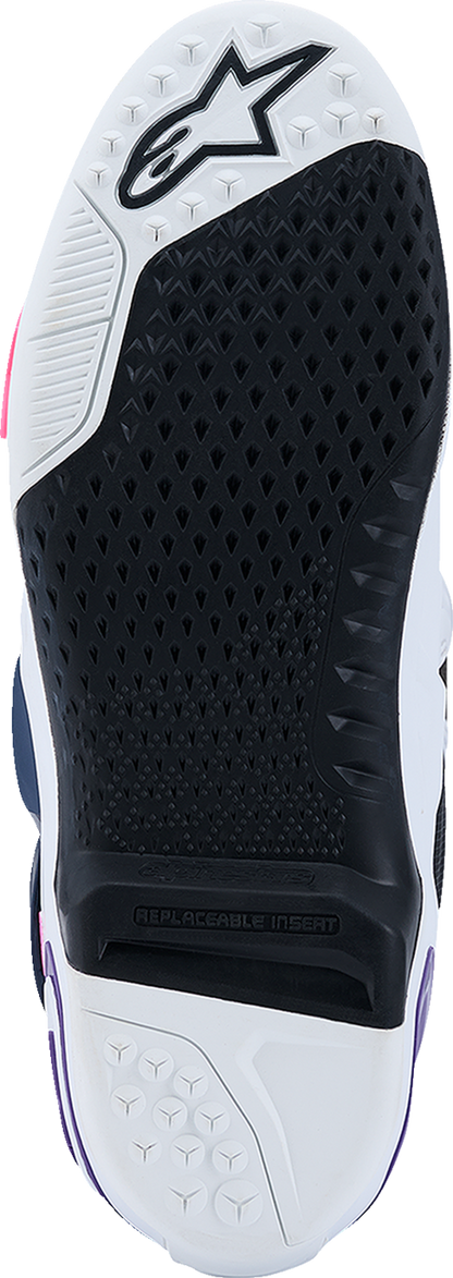 ALPINESTARS Tech 10 motorcycle boots in white, violet, navy, and pink fluorescent with US 11 size and protective design.