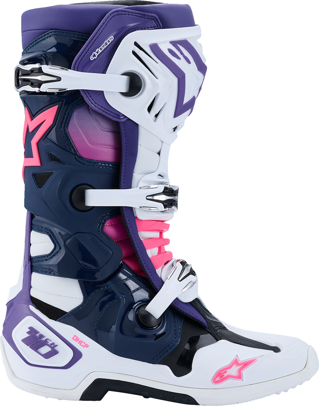Alpinestars Tech 10 motocross boots in white, violet, navy, and pink fluorescent with US 11 size and sturdy design.