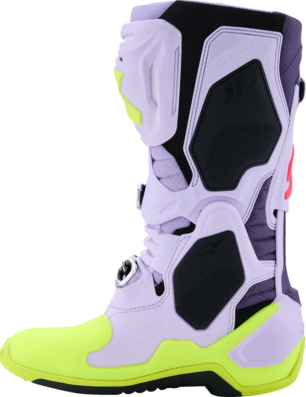 Alpinestars Tech 10 Supervented Boots in purple, fluorescent yellow, and diva pink, US 10 / EU 44.5, with protective design