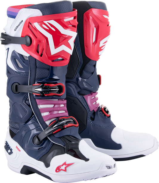 Alpinestars Tech 10 Supervented Boots in rainbow color with impact protection and ventilation, US 8 / EU 42.