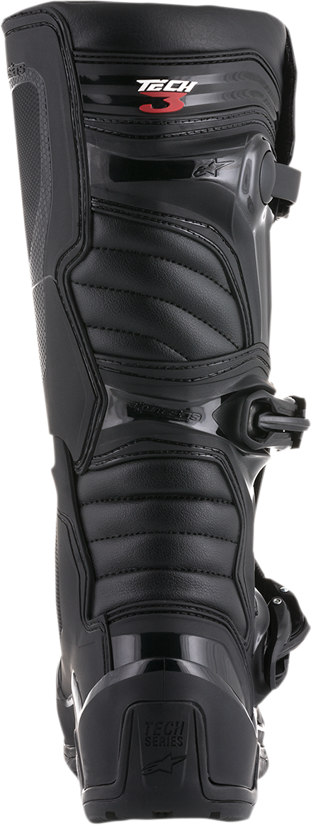 Alpinestars Tech 3 off-road motorcycle boots in black with US size 10, featuring protective panels and rugged sole design.