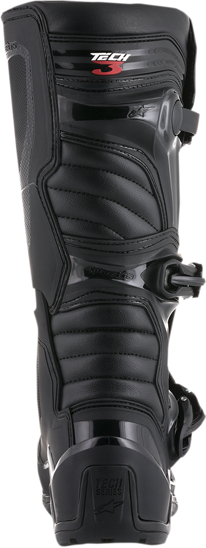 Alpinestars Tech 3 off-road motorcycle boots in black with US size 10, featuring protective panels and rugged sole design.