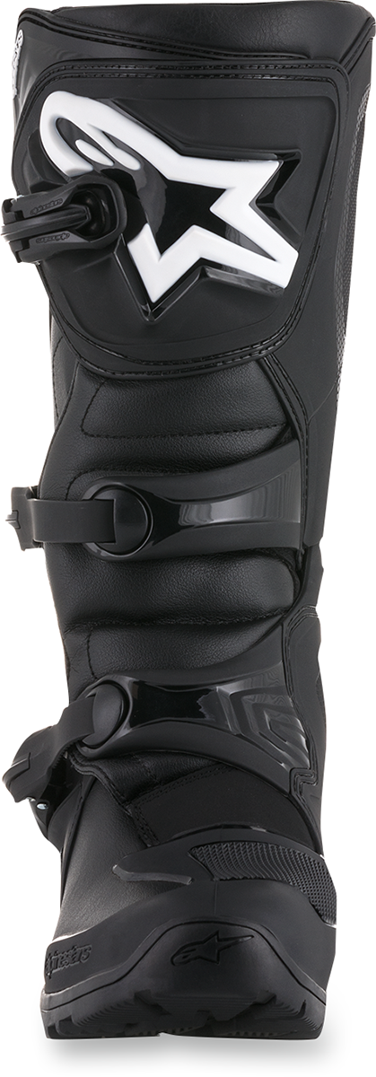 Alpinestars Tech 3 off-road motorcycle boots in black with US size 10, featuring reinforced ankle and sole for rugged riding.
