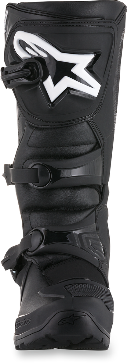 Alpinestars Tech 3 off-road motorcycle boots in black with US size 10, featuring reinforced ankle and sole for rugged riding.
