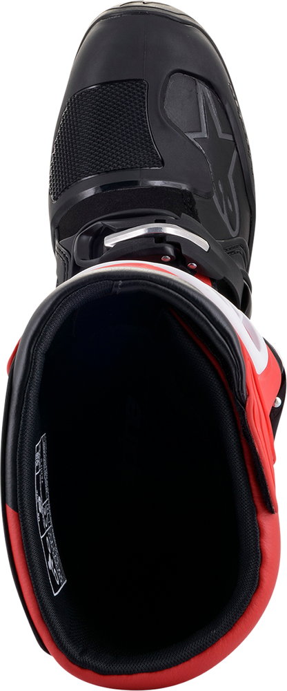 Alpinestars Tech 5 off-road motorcycle boots in black and red, US 11 / EU 45.5, with sturdy design and protective features.
