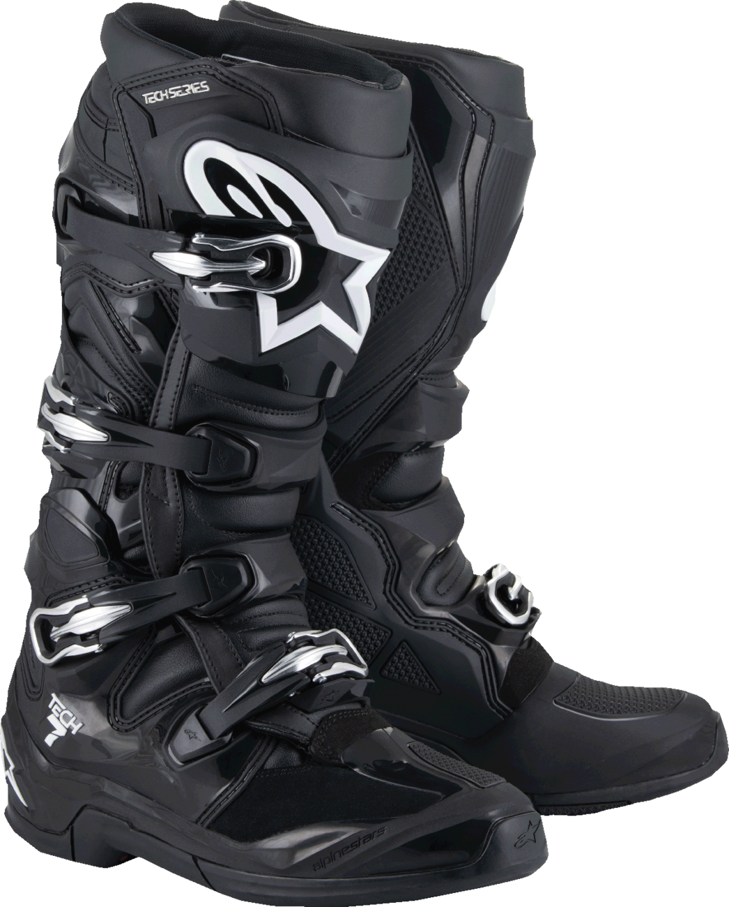 Alpinestars Tech 7 off-road motorcycle boots in black, US 16 / EU 52, showing rugged design and secure ankle closures.