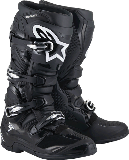 Alpinestars Tech 7 off-road motorcycle boots in black, US 16 / EU 52, showing rugged design and secure ankle closures.
