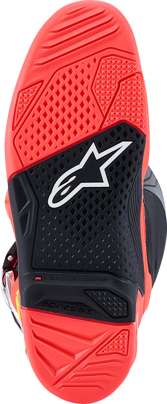 Alpinestars Tech 7 off-road motorcycle boots in black with fluorescent red and pink accents, US 10 / EU 44.5.