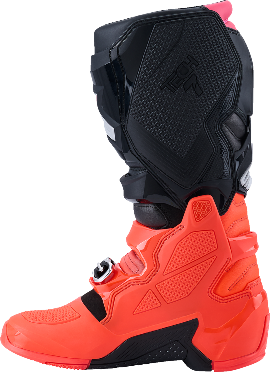Alpinestars Tech 7 off-road motorcycle boots in black with fluorescent red and pink accents, US size 10, model 2012025-1576-10.