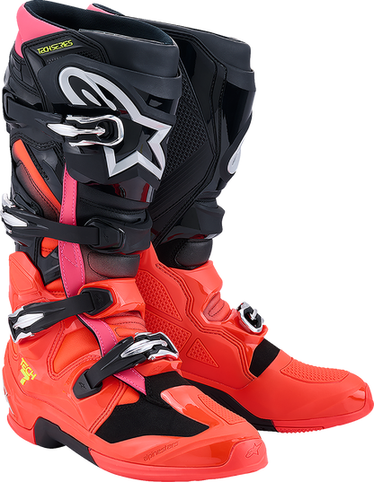 Alpinestars Tech 7 off-road motorcycle boots in black with fluorescent red and pink accents, US size 9 / EU 43, side view.
