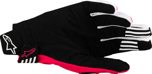 Alpinestars Techstar MX gloves in black and fluo pink, medium size, showing the lightweight, durable motorcycle riding gloves.