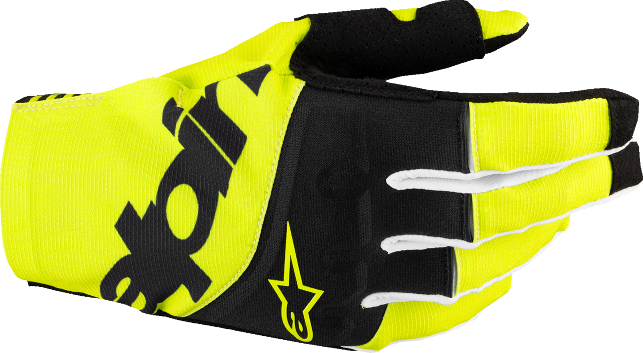 Alpinestars Techstar MX gloves in black and fluo yellow, large size, with padded palms and secure wrist closure.