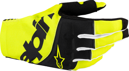 Alpinestars Techstar MX gloves in black and fluo yellow, large size, with padded palms and secure wrist closure.
