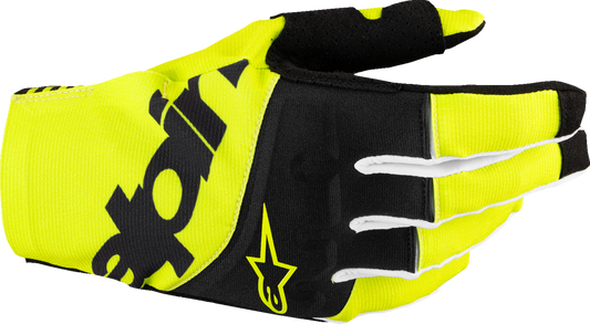 Alpinestars Techstar MX gloves in black and fluo yellow, large size, with padded palms and secure wrist closure.