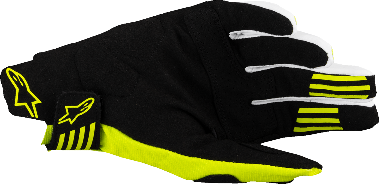 Alpinestars Techstar MX gloves in black and fluo yellow with large size, featuring reinforced palms and adjustable wrist closures.