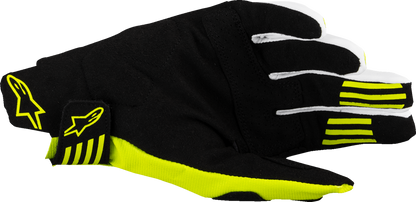 Alpinestars Techstar MX gloves in black and fluo yellow with large size, featuring reinforced palms and adjustable wrist closures.