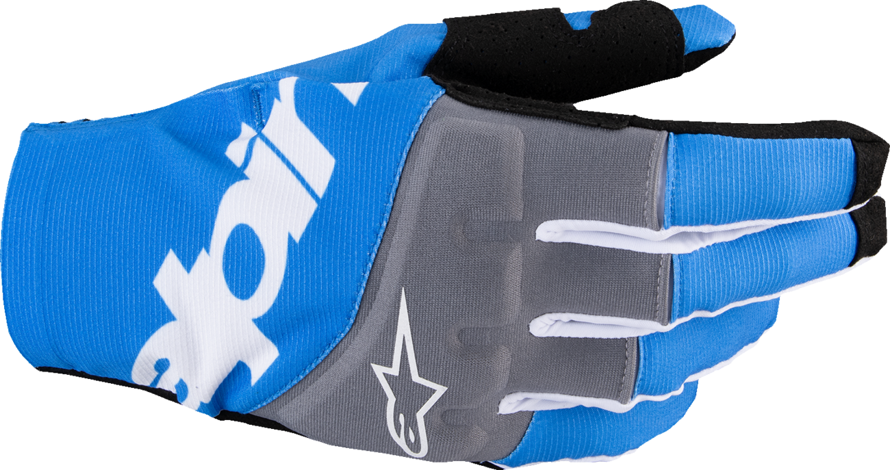 Alpinestars Techstar MX Gloves in black and blue, medium size, featuring durable design and adjustable wrist closure.