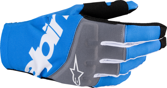 Alpinestars Techstar MX Gloves in black and blue, medium size, featuring durable design and adjustable wrist closure.