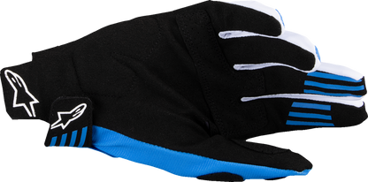 Alpinestars Techstar MX gloves in black and blue, medium size, with padded knuckles and breathable fabric for motocross riding.