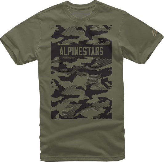 Alpinestars Terra T-Shirt in military green, medium size, featuring the ALPINESTARS logo on a casual cotton shirt.