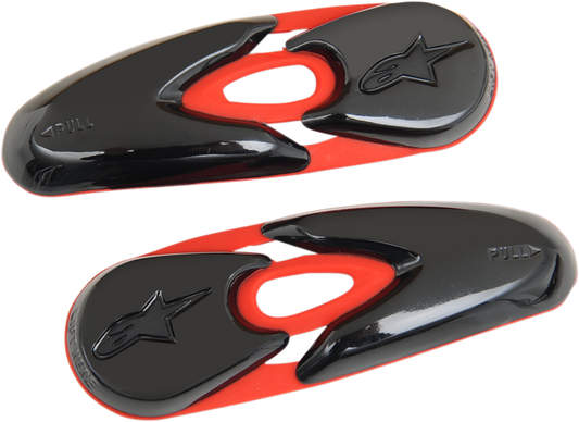 Alpinestars motorcycle boots toe sliders in red and black, model 25SLI6-31, designed for durability and protection.