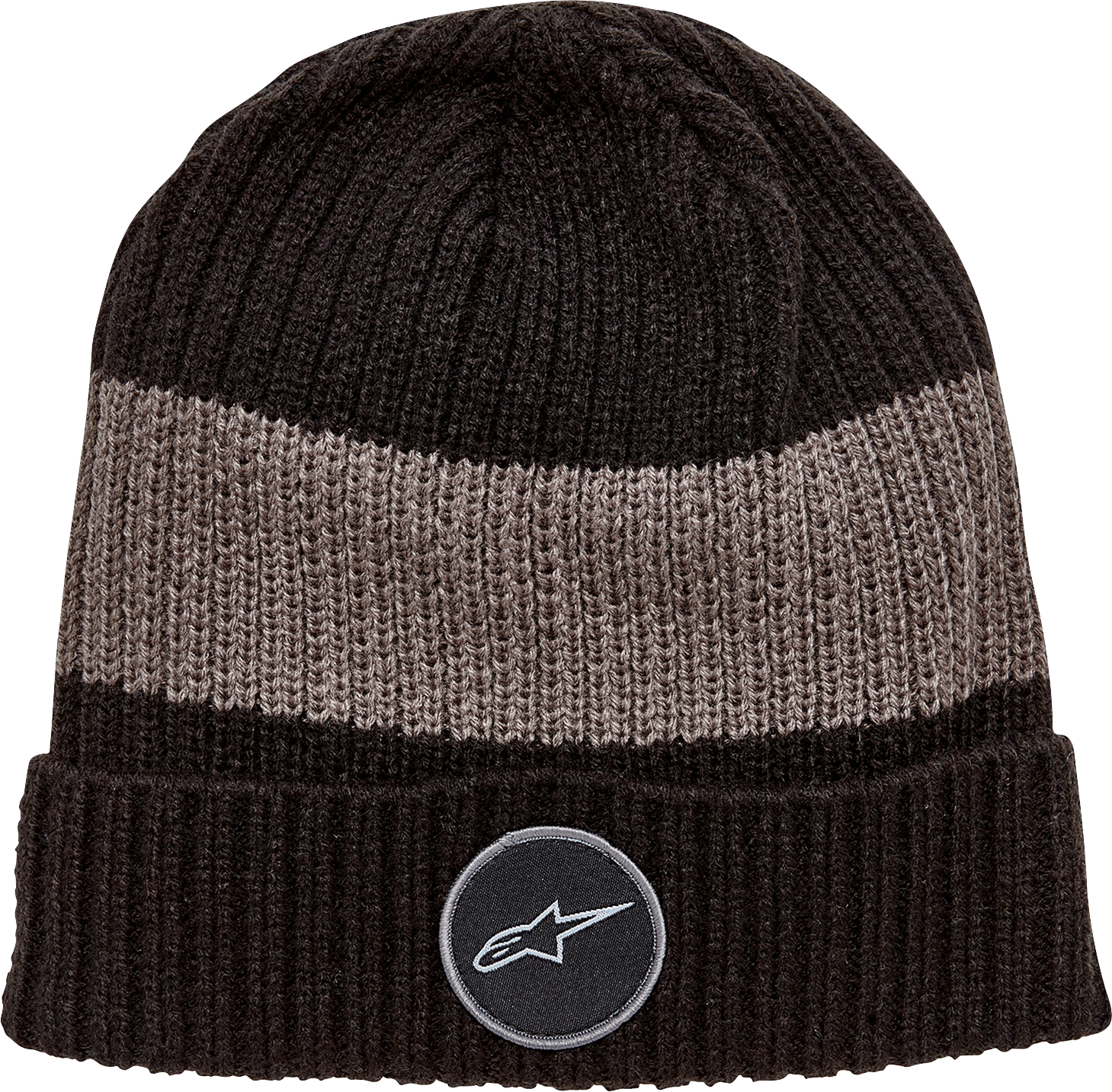 Alpinestars Ward Beanie in black and charcoal, featuring the brand logo, made of warm knit material for casual wear.