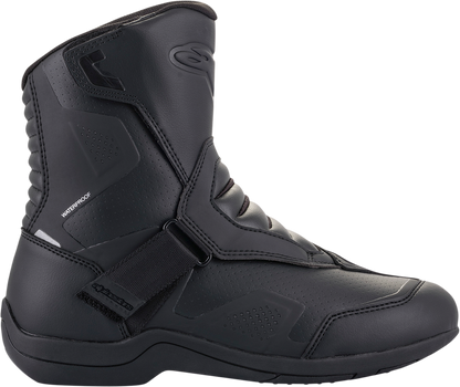 Alpinestars Waterproof V2 Ridge Boots in black, US 9 / EU 43, showing the sturdy motorcycle boot design and waterproof features.