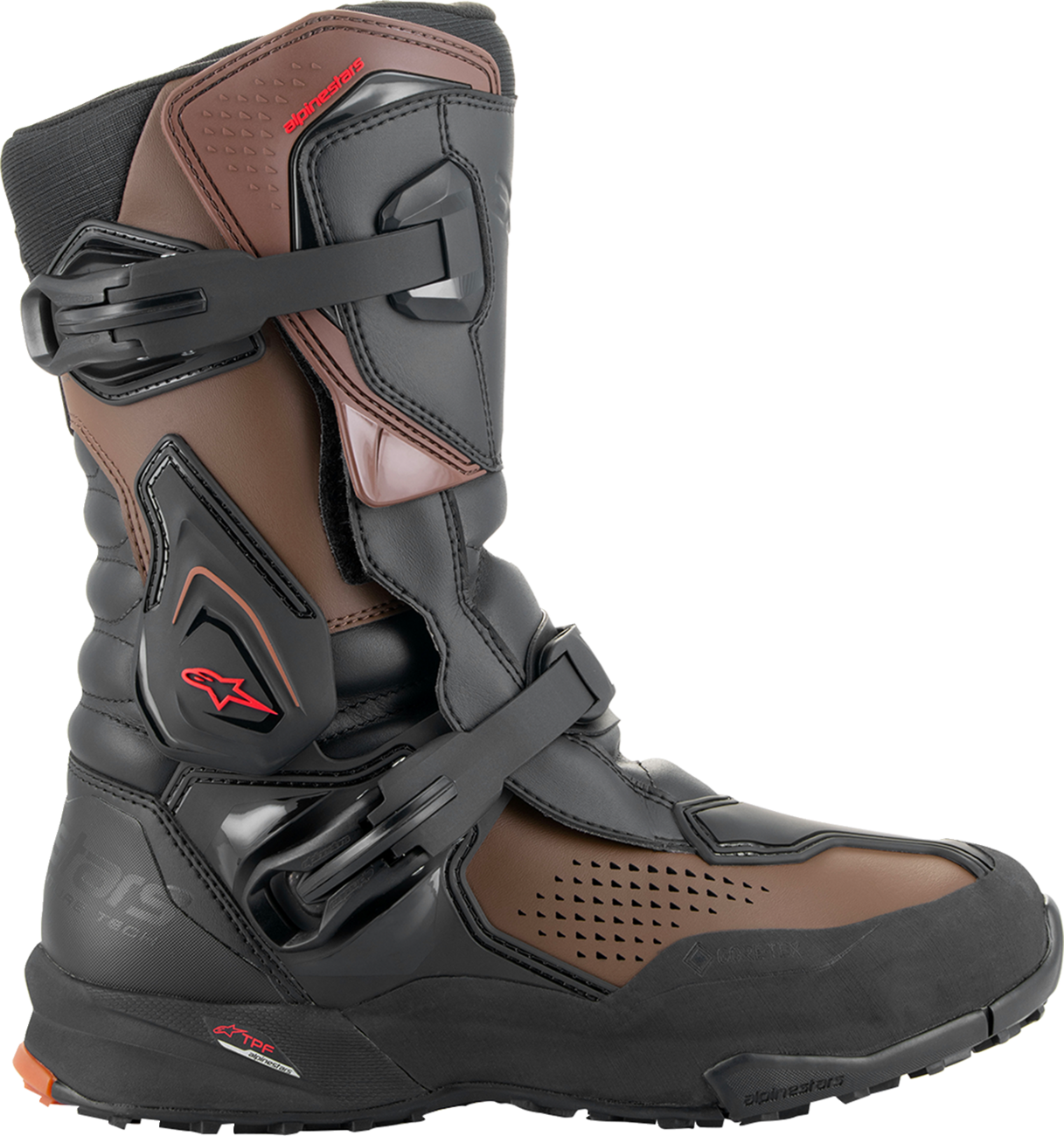 Alpinestars XT-8 Gore-Tex adventure enduro boots in black and brown, US 10.5, showing the rugged design and waterproof features.