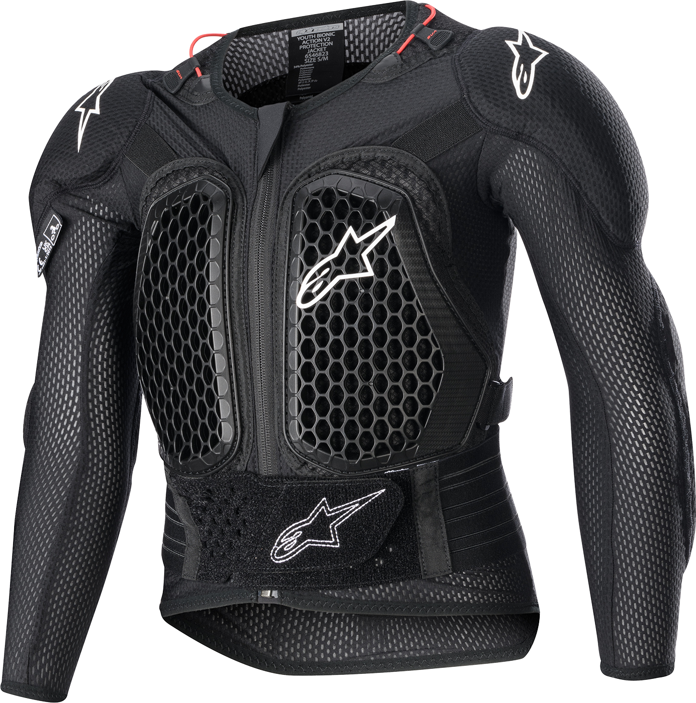 Alpinestars Youth Bionic Action v2 Protection Jacket in black, size large/extra large, featuring padded armor and adjustable straps.