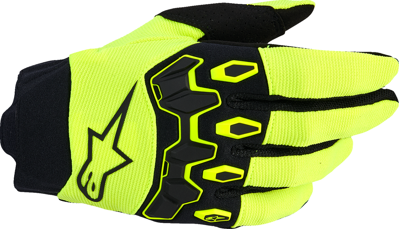 Alpinestars Youth Full Bore V2 gloves in fluo yellow and black, size 2XS, with padded palm and adjustable wrist strap.