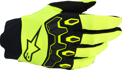 Alpinestars Youth Full Bore V2 gloves in fluo yellow and black, size 2XS, with padded palm and adjustable wrist strap.