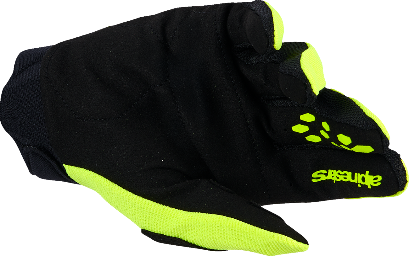 Alpinestars Youth Full Bore V2 gloves in fluo yellow and black, size 2XS, showing the protective motorcycle glove design.