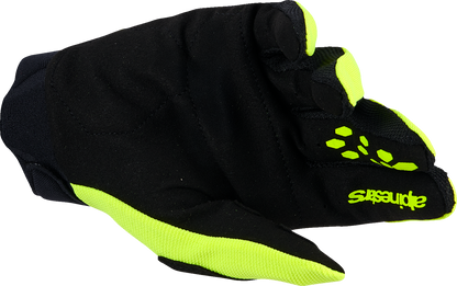 Alpinestars Youth Full Bore V2 gloves in fluo yellow and black, size 2XS, showing the protective motorcycle glove design.