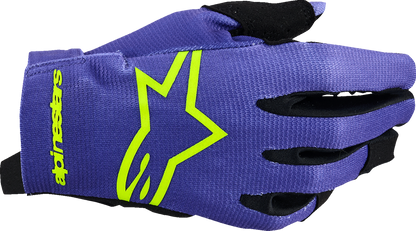 Alpinestars Youth Radar Gloves in purple and fluo yellow, size 2XS, showing the protective design and colorful styling.