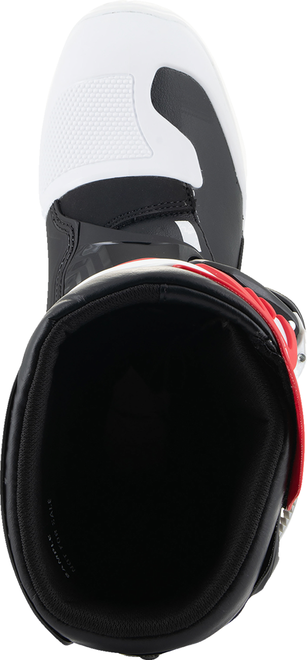 Alpinestars Youth Tech3S motorcycle riding boots in white, black, and red for junior riders with protective features.