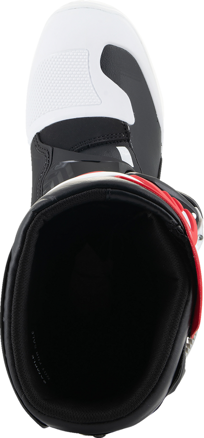 Alpinestars Youth Tech3S motorcycle riding boots in white, black, and red for junior riders with protective features.